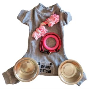 😀 M - L Breed Puppy Bundle, Teething Ring, Rope Chew, 2 S Bowls, Collar, Outfit